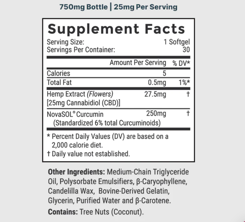 CBD Softgels with Curcumin, 25mg (No THC) Inflammation, Joint Support, Post Work-Out Recovery